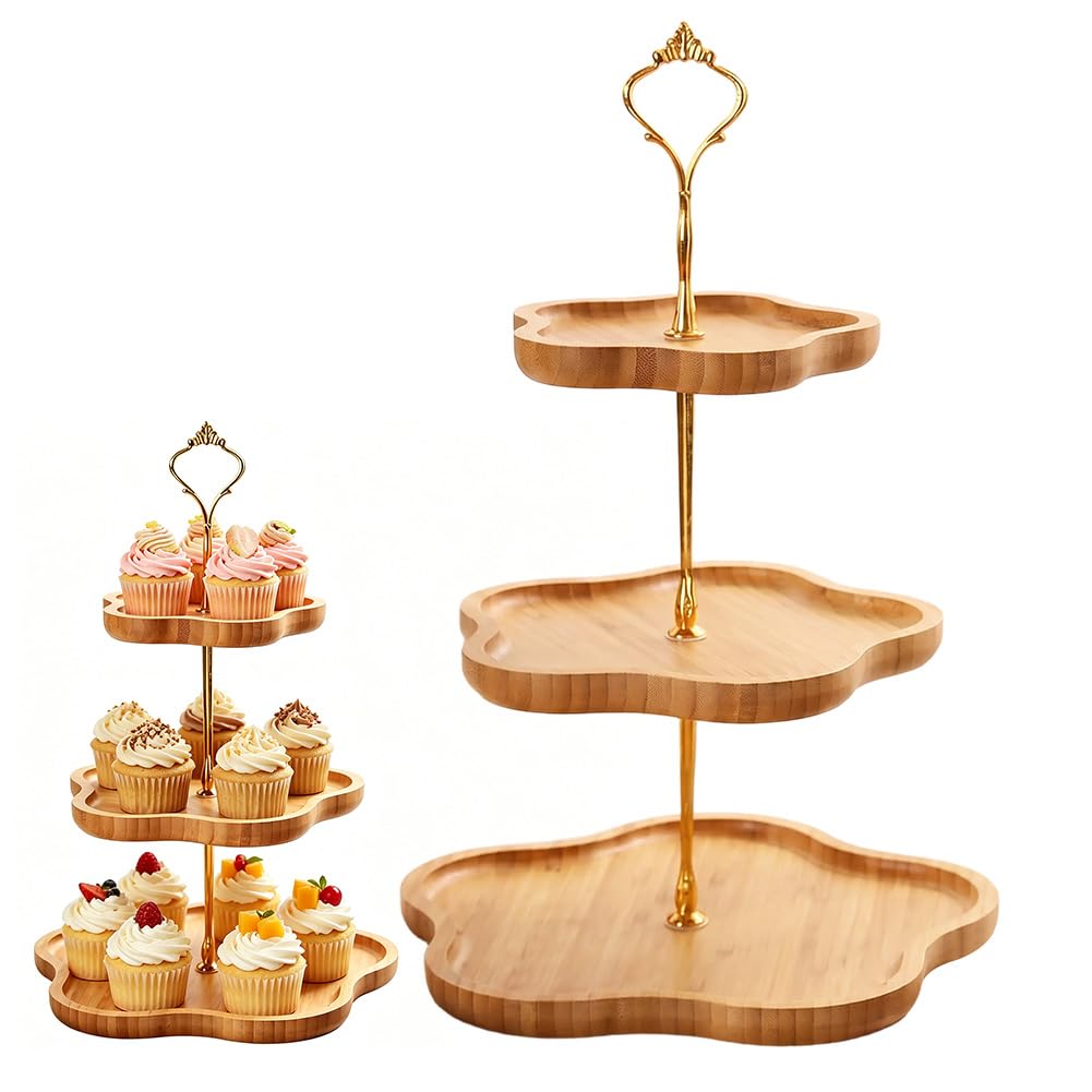 Etagere 3 Etagen, Holz-Cupcake-Ständer, Cupcake Ständer mit Metallgriff, Obst Etagere 3 Stöckig, Tor