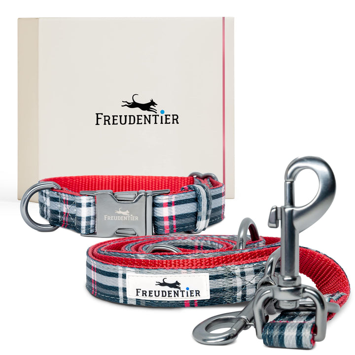 FREUDENTIER® Hundehalsband und 3-Fach verstellbare Führleine (2m) im Set - Edinburgh Kollektion (30-
