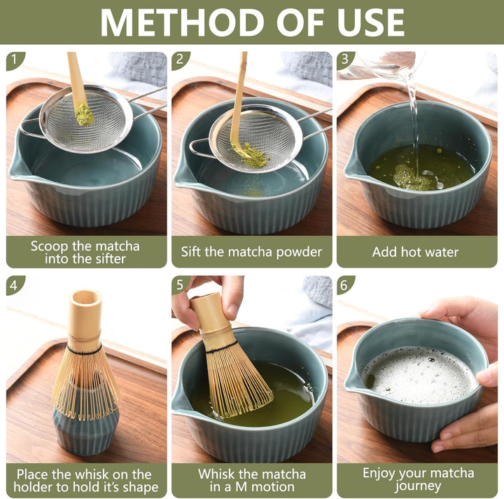Matcha Set Premium 7-teilig Keramik: Matcha Schale, Bambus Besen (Chasen),Teebesenbasis，Teelöffel, S