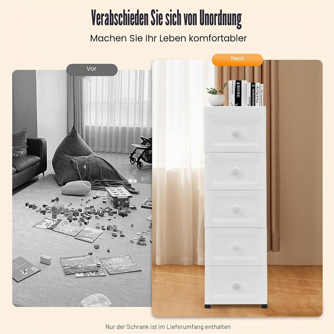 Rollcontainer | 5-Schubladen Schrank mit Rädern | Weiss &amp; Modern | Platzsparend &amp; Staubdicht | Für K