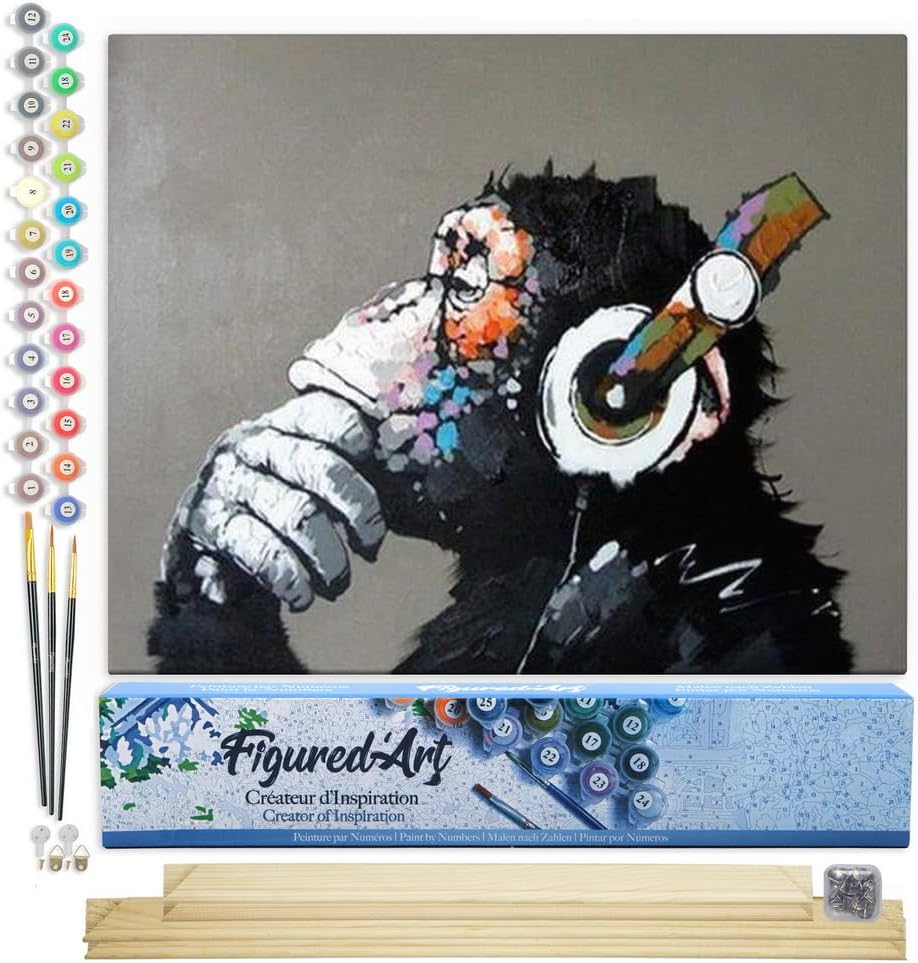 Figured'Art Malen Nach Zahlen Erwachsene Mit Rahmen Affe mit Kopfhörer - Paint by Numbers Basteln DI