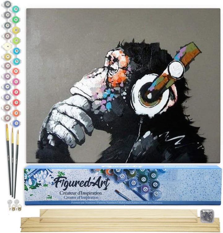 Figured'Art Malen Nach Zahlen Erwachsene Mit Rahmen Affe mit Kopfhörer - Paint by Numbers Basteln DI