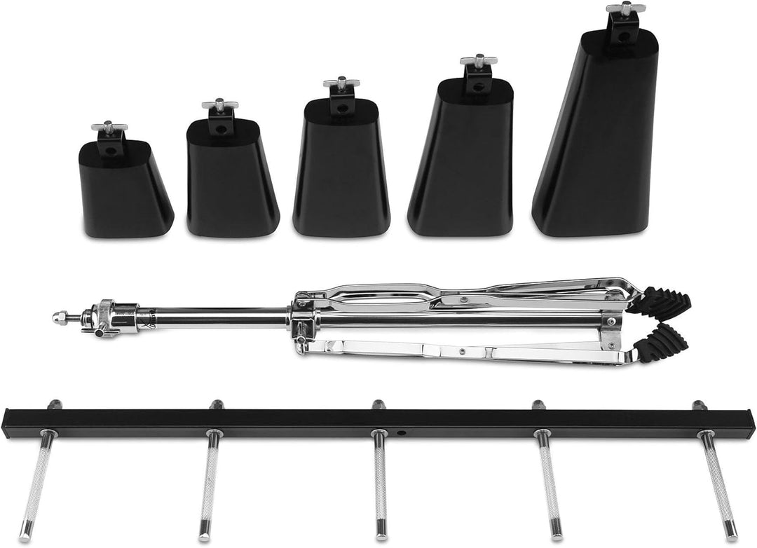 XDrum Cowbell Set, 5 Kuhglocken inkl. Ständer (Percussion, Kuhglockenset, 4",5",6",7",9", robuster,