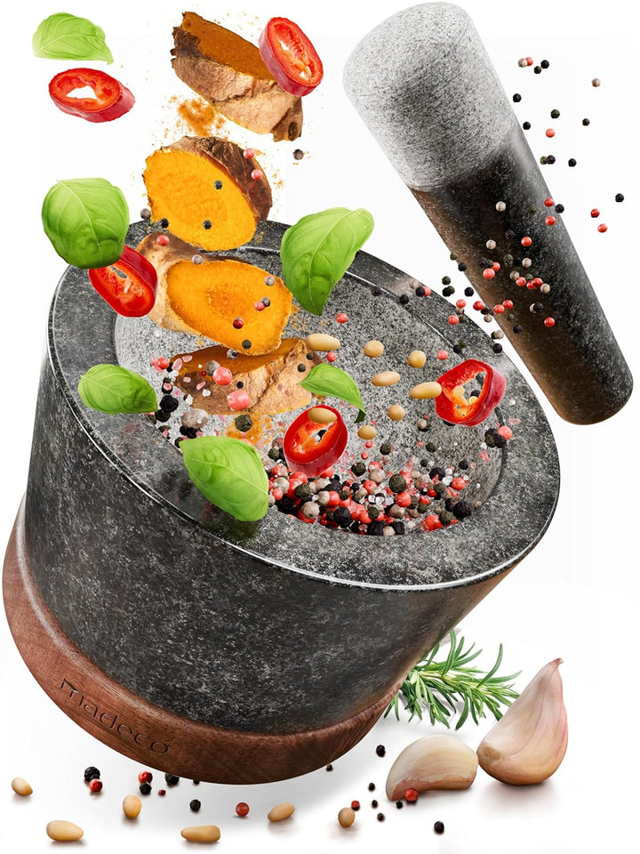 madeco Mörser mit Stössel Granit auf Holzsockel Nussbaum Ø 14,5 cm - Perfekt geeignet für Gewürze, K