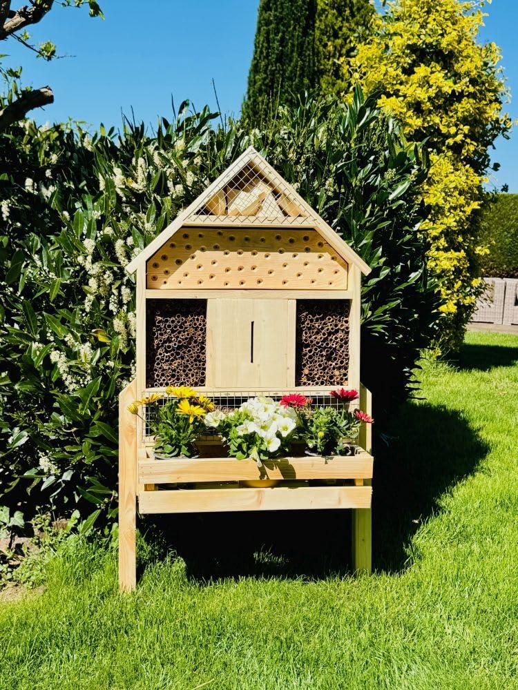 handgefertigtes Insektenhotel XL Wildbienen Nisthilfe I Insektenhaus mit Blumenkasten aus Holz und S