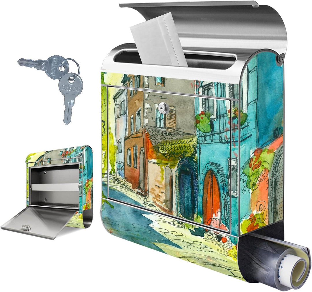 banjado® Briefkasten Edelstahl mit Motiv Historischer Stadtkern 38x43x12cm &amp; 2 Schlüssel - rostfreie