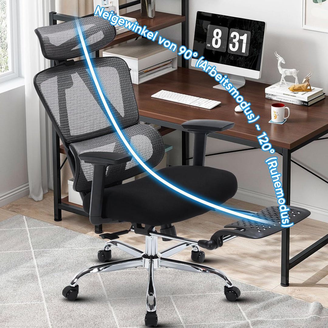 Bürostuhl Ergonomisch, Schreibtischstuhl aus Netzgewebe mit Kopfstütze, Fussstütze und 3D-Armlehnen,