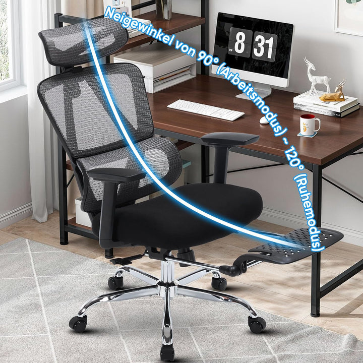 Bürostuhl Ergonomisch, Schreibtischstuhl aus Netzgewebe mit Kopfstütze, Fussstütze und 3D-Armlehnen,
