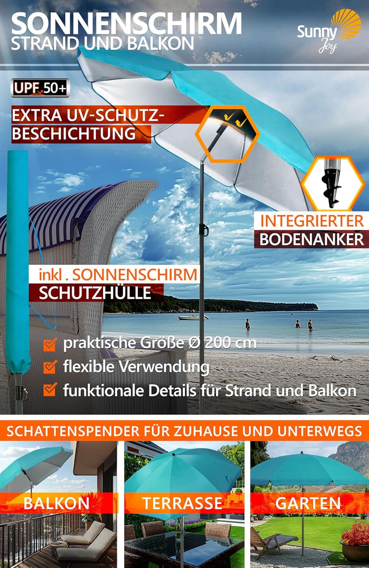 4smile Sonnenschirm Strand SET, Ø 200 cm, Türkis | UPF 50+ Sonnenschirm Balkon, inkl. Hülle, Gartens