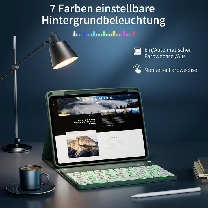 Hülle mit Tastatur für iPad A16 11 Generation 2025/10 Generation 2022 (11/10.9 Zoll) 7 Farben Beleuc