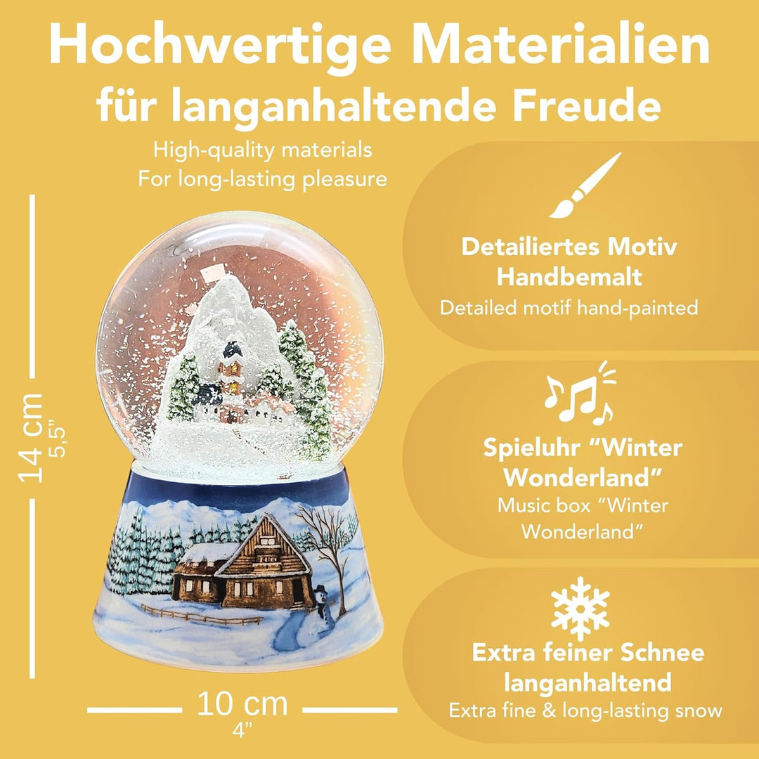 Schneekugel Weihnachten Spieluhr | Bergdorf mit Kirche | Sockel Winterlandschaft Mittelblau | Musik