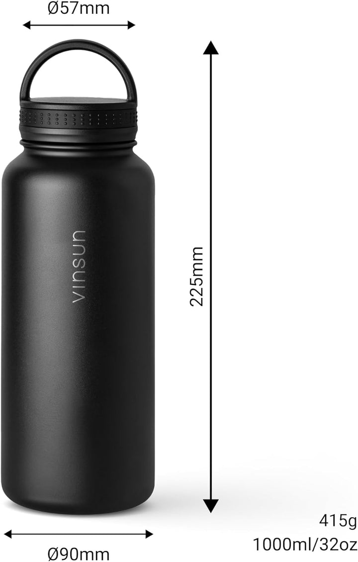 Vinsun Thermosflasche schwarz 1L - auslaufsicher, Kohlensäure geeignet, BPA frei - Strohhalm, Trinkö