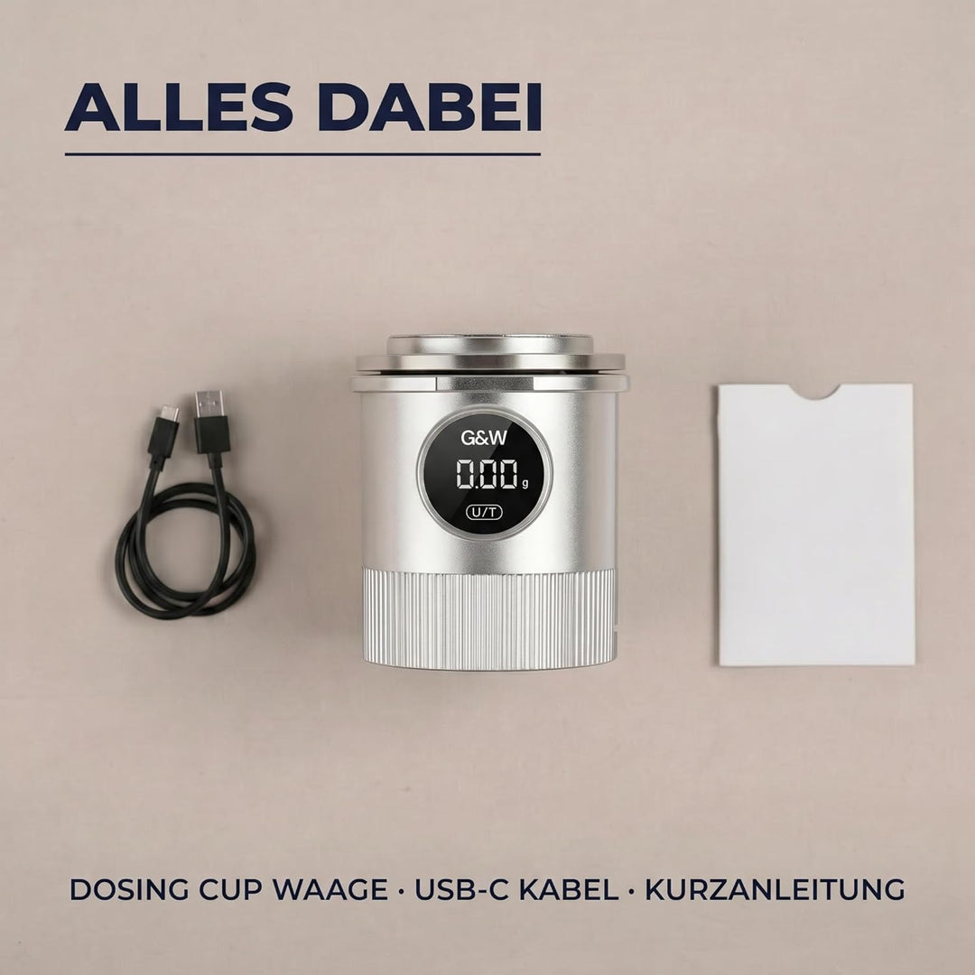 G&W Kaffee Dosing Cup Waage 58 mm, Digitale Espressowaage mit Becher, 0,05–0,1 g Genauigkeit bis 500