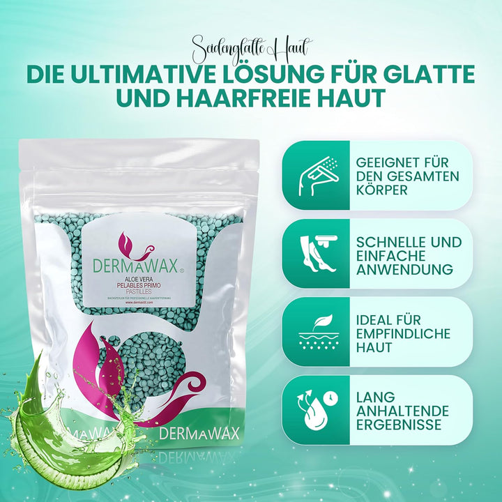 Dermawax 1 kg Aloe Vera Wachs Heisswachs Waxing Perlen Wachsperlen Anwendung ohne Wachsstreifen zur