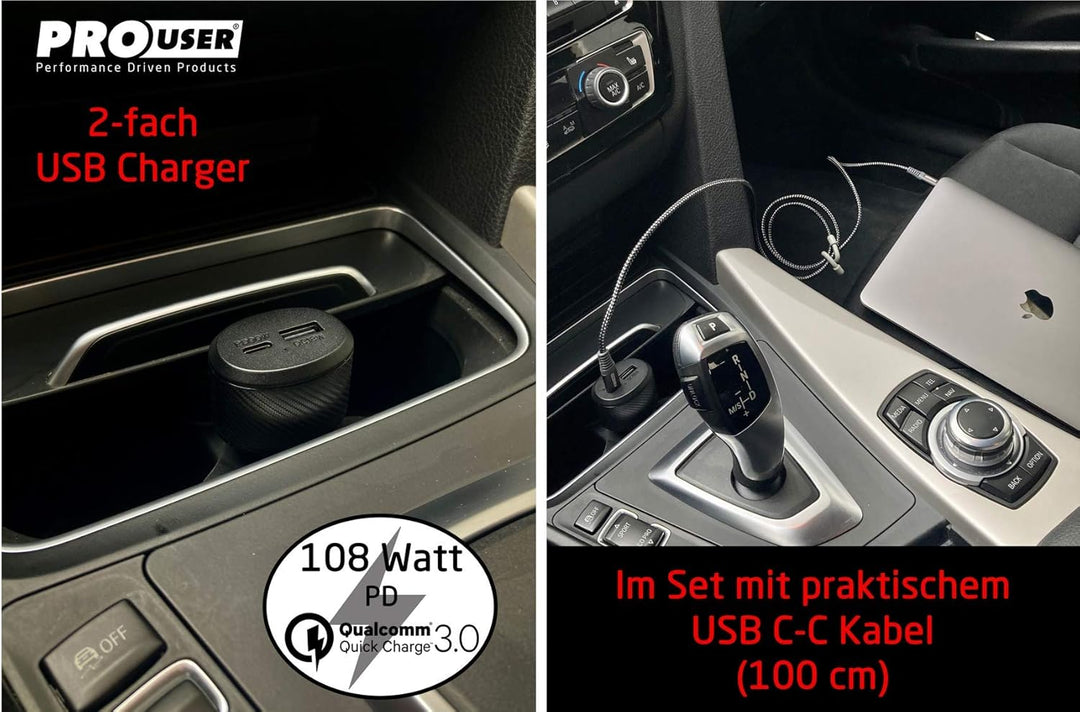 Pro User 2-Fach-USB Car Charger 108W (112.5W SCP) im Set: Auto Ladegerät mit 90W USB-C PD und USB-A