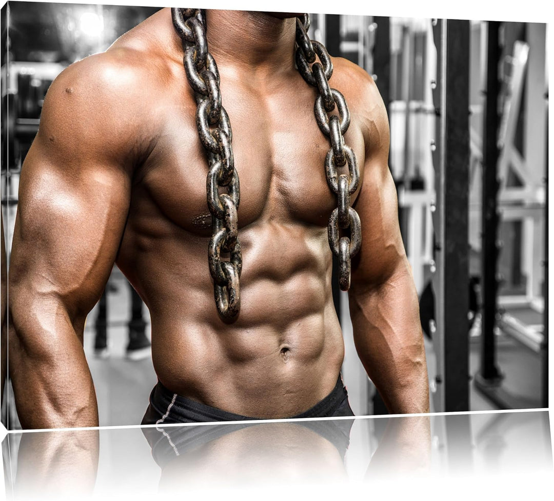 Muskelpaket mit Kette schwarz/weiss Format: 100x70 cm auf Leinwand, XXL riesige Bilder fertig gerahm