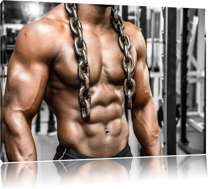 Muskelpaket mit Kette schwarz/weiss Format: 100x70 cm auf Leinwand, XXL riesige Bilder fertig gerahm