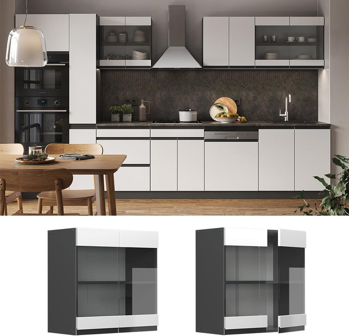 Vicco Küchenschrank Glas R-Line, Weiss/Anthrazit, 60 cm J-Shape Weiss Hängeglasschrank 60 cm, Weiss