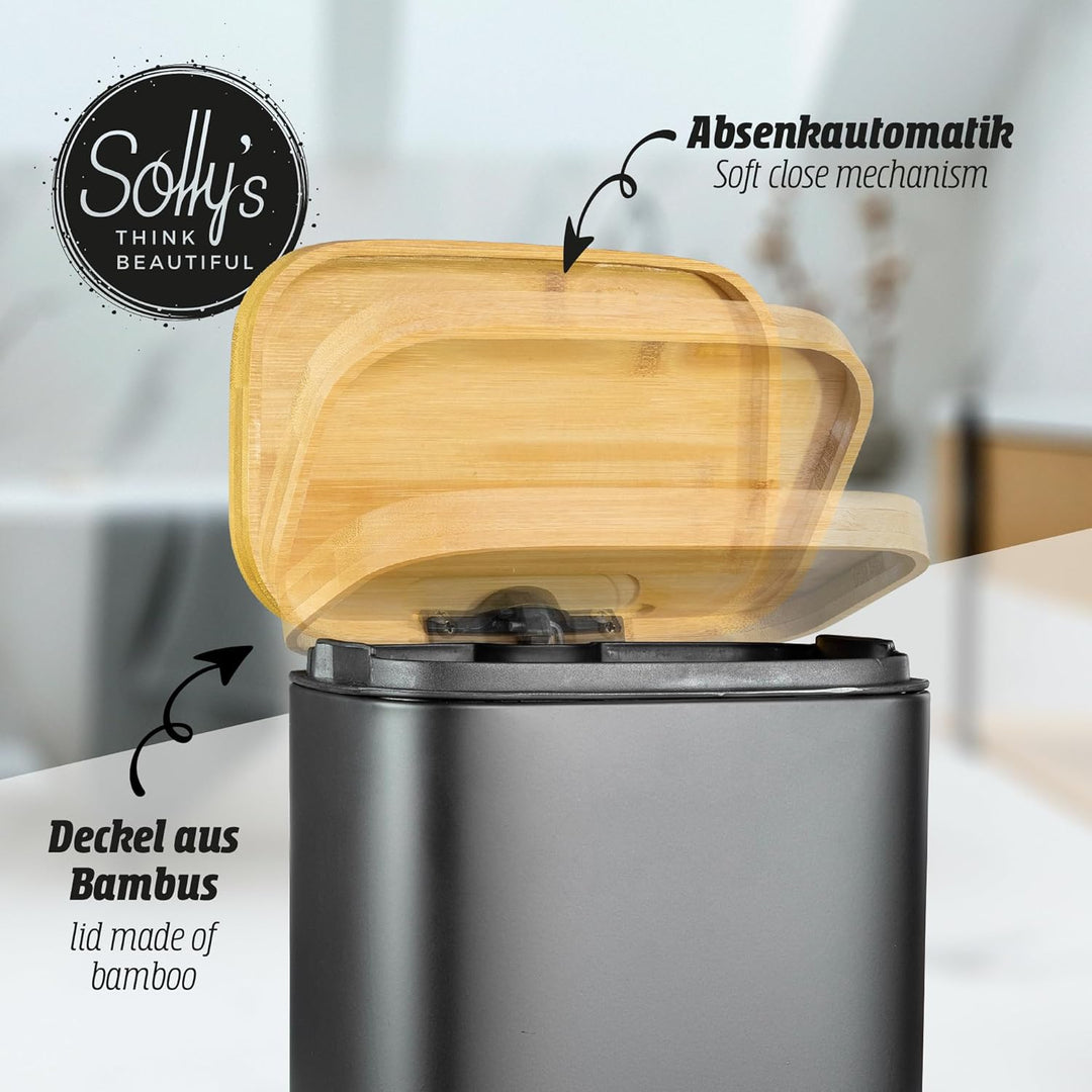 Solly´s 5L Kosmetikeimer mit Bambus Deckel, Bad Treteimer mit Absenkautomatik, pulverbeschichtet, ru