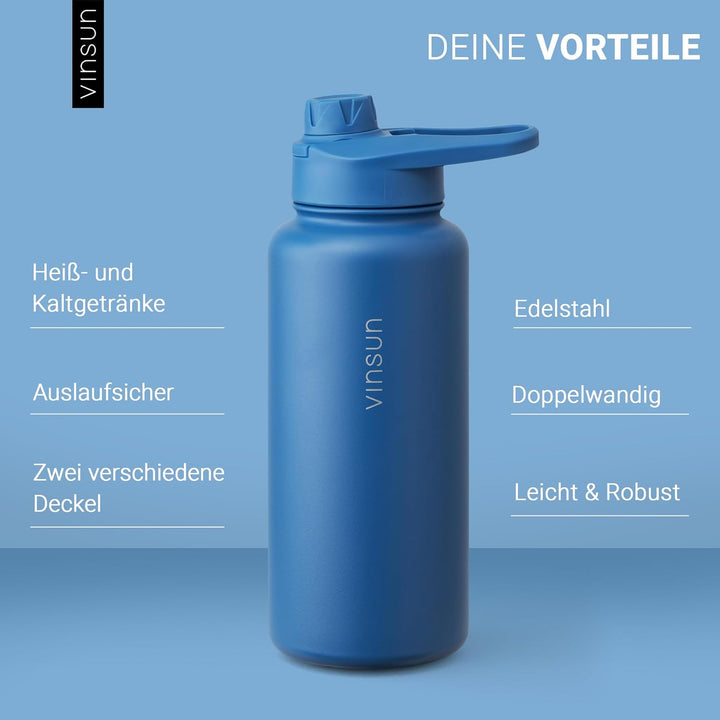 Vinsun Trinkflasche Edelstahl azurblau 750ml - auslaufsicher, Kohlensäure geeignet, BPA frei - Stroh