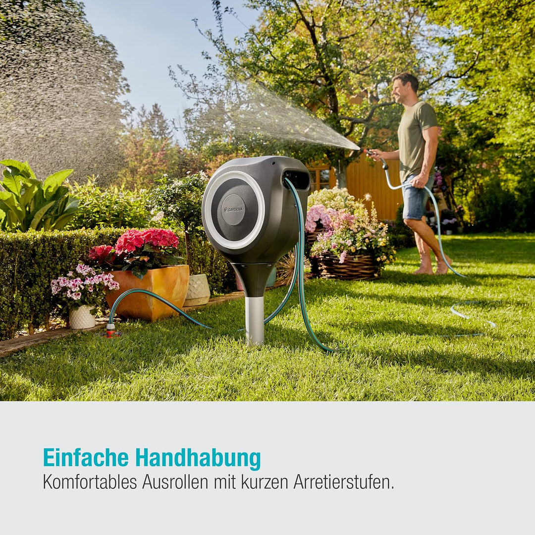 GARDENA Garten-Schlauchbox RollUp M (weiss) 20 m, Schwenkbare Schlauchbox, integrierte Schlauchführu