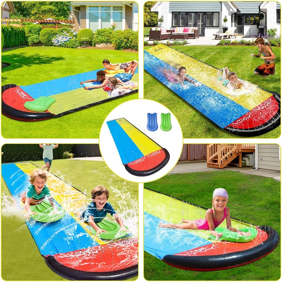 Wasserrutsche Garten für Kinder, Wasserrutsche mit 2 Bodyboards, Doppel Wasserrutschmatte mit Eingeb