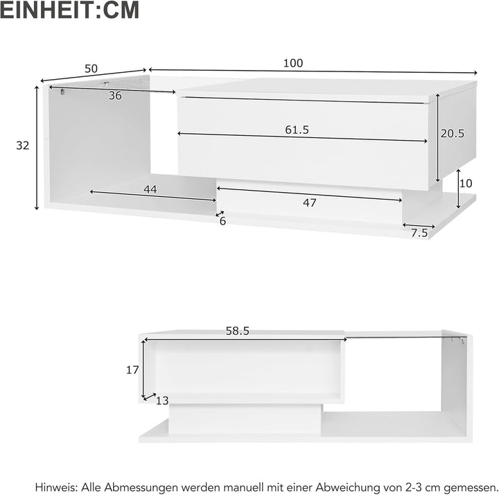 Merax Couchtisch Weiss Hochglanz mit LED, Moderner Wohnzimmertisch mit Stauraum Schubladen, Glasplat