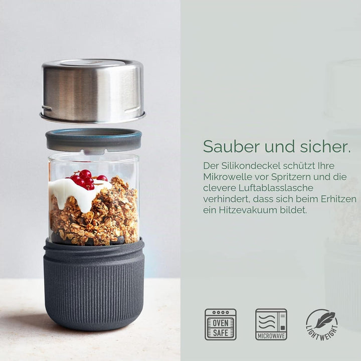 BLACK + BLUM Lunchschale aus Glas, Schiefer, 450 ml, Borosilikatglas mit Schutzhülle aus nachhaltige