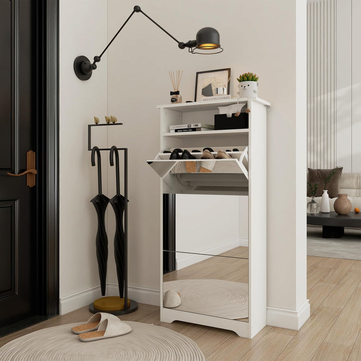 Spiegelschuhschrank mit 3 Klappfächern, Schmales Schuhaufbewahrungs-Schrank mit Spiegeltür, Freisteh