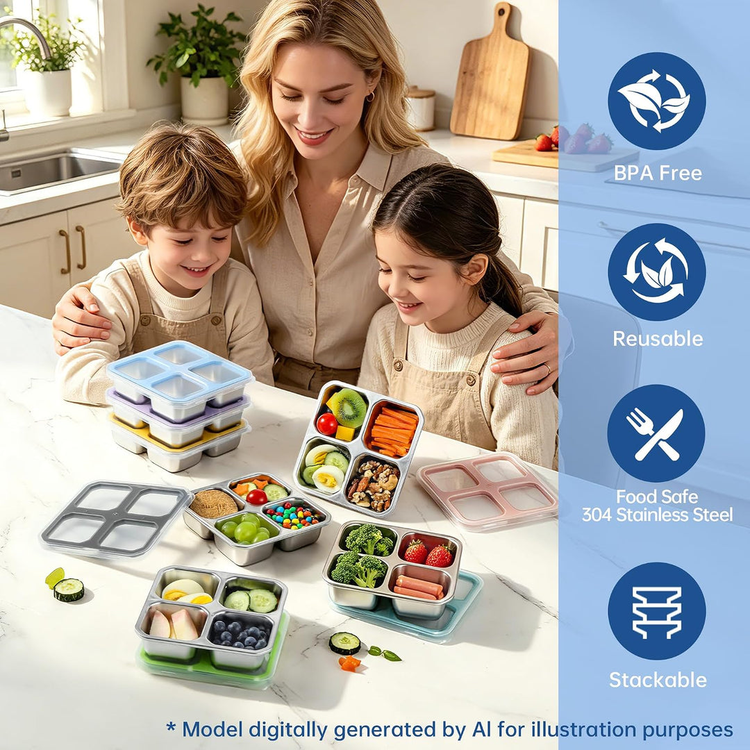 Misichao Edelstahl Snackbox mit 4 Fächern, 400ML Snackdose Kinder, Brotdose Erwachsene, Lunchbox Spü