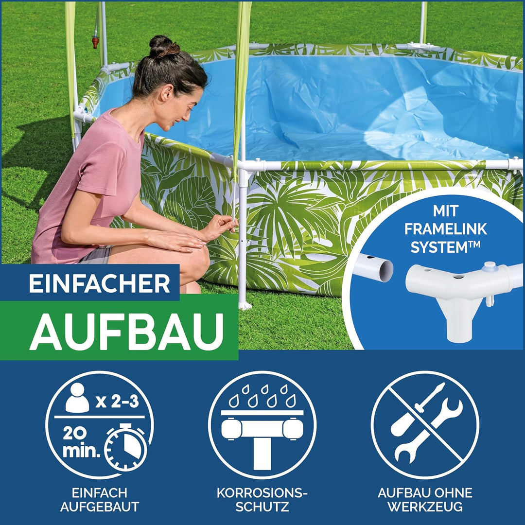 Bestway Steel Pro Frame Pool mit Sonnenschutzdach "Splash-in-Shade" ohne Pumpe Ø 244 x 51 cm, buntes