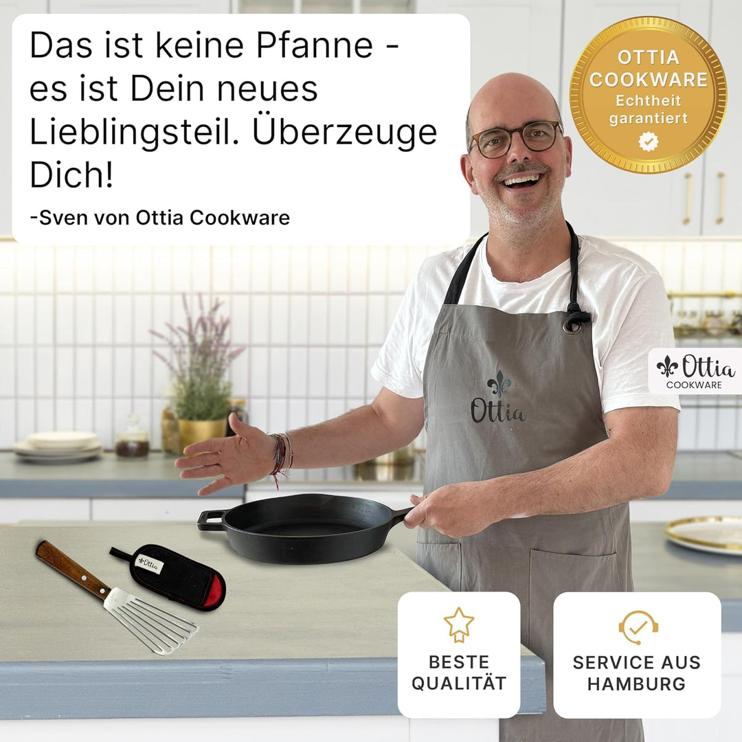 Ottia reine Gusseisenpfanne Induktion 28cm (ungeschliffen), mit eKochbuch, Pfannenwender, waschbarem