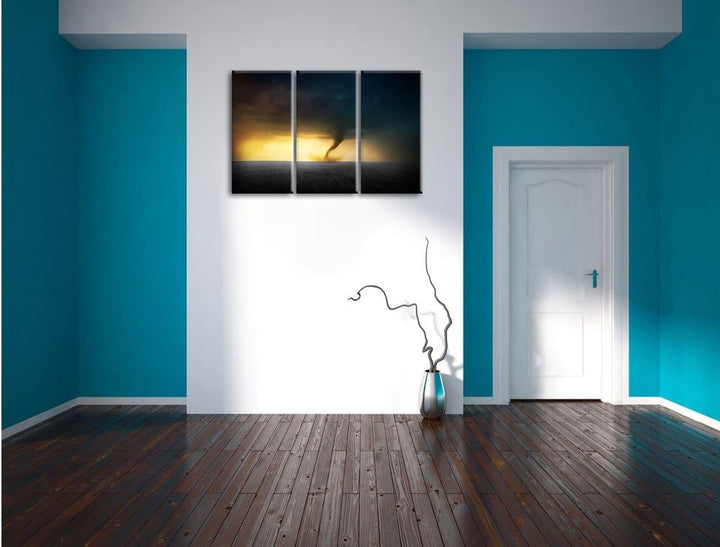 Pixxprint Naturgewalt Tornado Schwarz/Weiss 3-Teiler Leinwandbild 120x80 Bild auf Leinwand