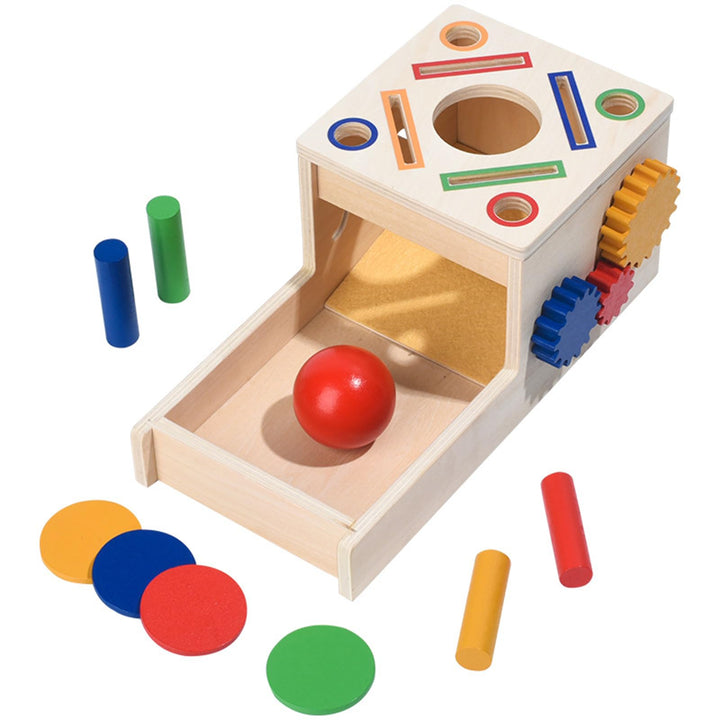 Montessori Objektpermanenz Box, Motorikspielzeug ab 1 Jahr | 4-in-1 Holzspielzeug mit Farben- und Fo