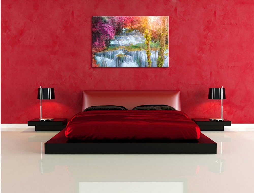 Pixxprint Wasserfall im Regenwald / 100x70cm Leinwandbild bespannt auf Holzrahmen/Wandbild Kunstdruc