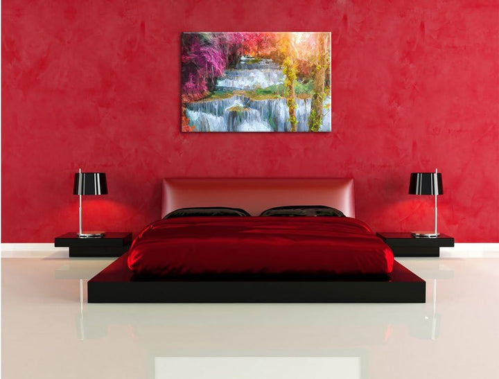 Pixxprint Wasserfall im Regenwald / 100x70cm Leinwandbild bespannt auf Holzrahmen/Wandbild Kunstdruc
