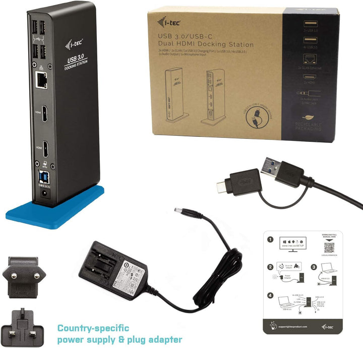 i-tec USB 3.0/USB-C Dual Docking Station – 2X HDMI Full HD+, 4X USB 2.0, 2X USB 3.0, Gigabit Etherne