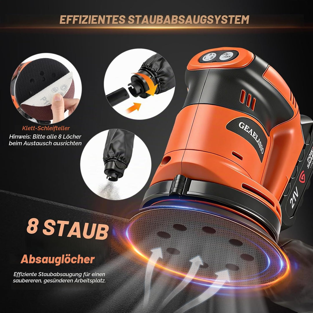 Akku-Exzenterschleifer 125 mm 2x 20V Akku, Bürstenloser Exzenterschleifer mit 3 Stufen 8000–13000 U/