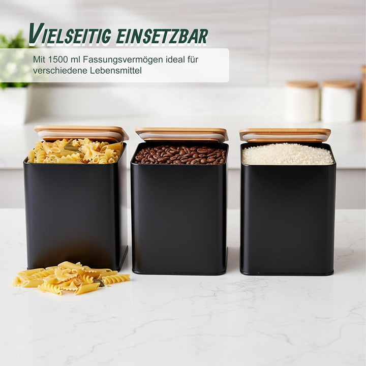 Relaxdays Vorratsdosen, 3er Set, Kaffee, Tee, Zucker, Metall, Bambusdeckel, HBT: 15x11x11 cm, Küchen