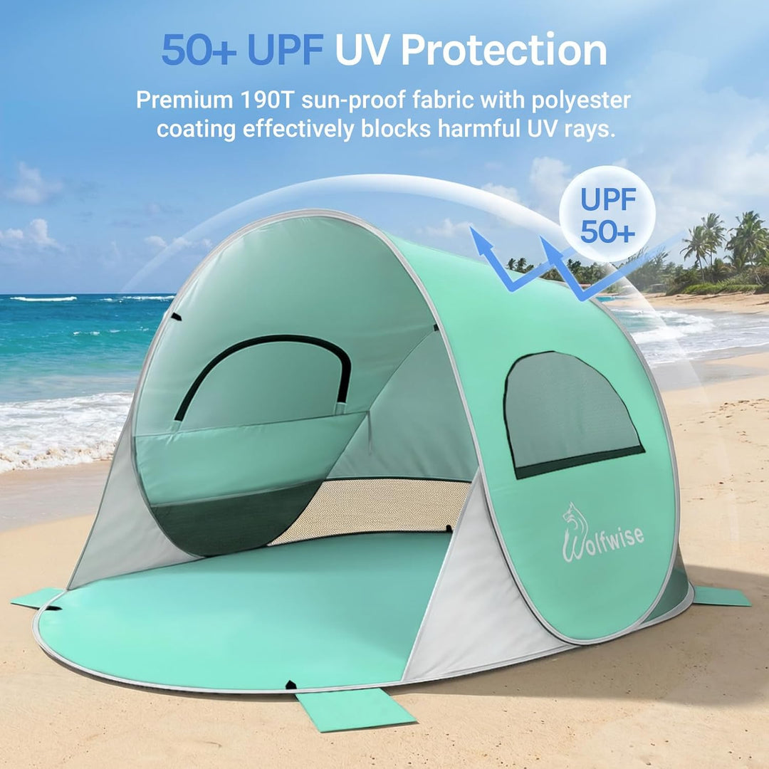 Wolfwise Pop Up Strandmuschel für 2 Personen, Sofort Aufbau, UV-Schutz 50+, Wasserabweisend, Belüfte
