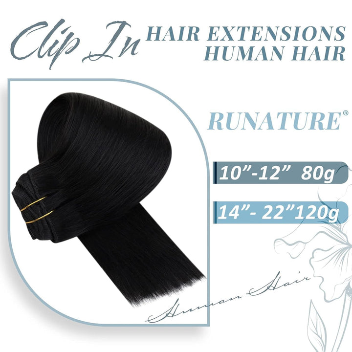 RUNATURE Echthaar Extensions Clip in Aus Schwarz 35cm Haarverlangerung Echthaar Clip in Glatt Haar E