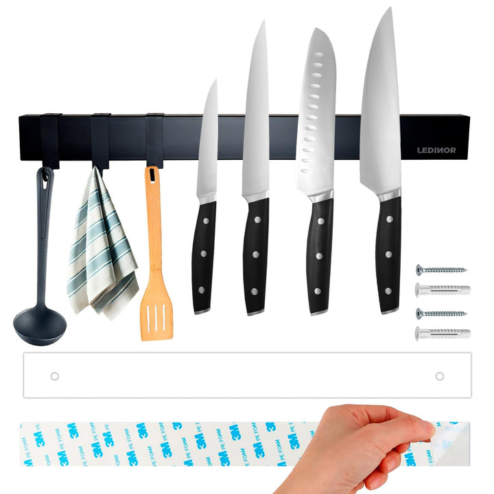 Magnetleiste für Küchenmesser 40 cm schwarz + 3 Haken + Schrauben und Dübel mit Bohrschablone + Kleb