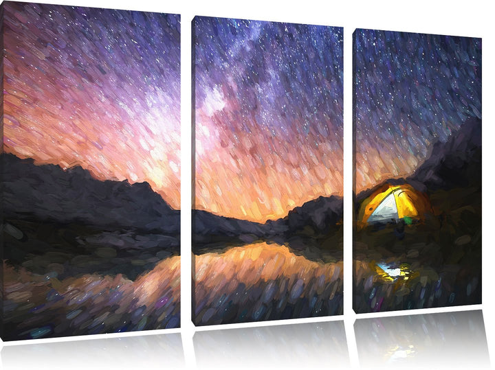 Pixxprint Zelten unter tausenden Sternen / 3-Teilig/Gesamtmass 120cm Leinwandbild bespannt auf Holzr