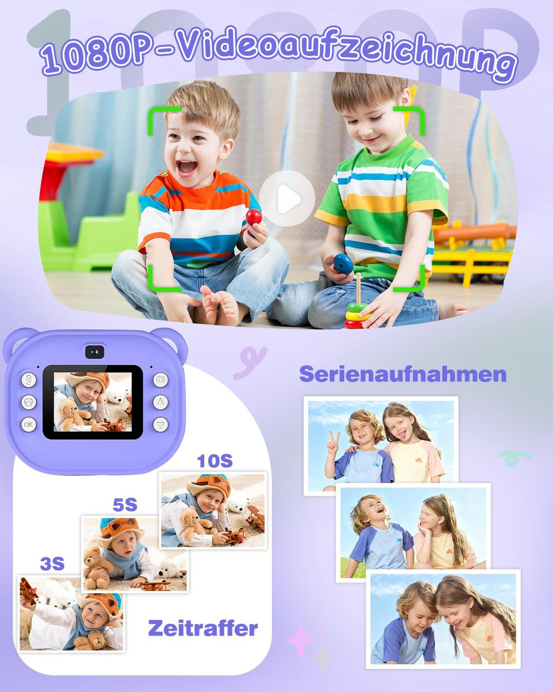Sofortbildkamera Kinder, 1080P Dual-Linse Kinderkamera Sofortbildkamera, 2" Bildschirm Digitalkamera