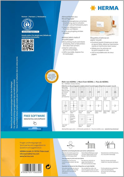 HERMA 10830 Recycling Etiketten, 100 Blatt, 199,6 x 143,5 mm, 2 Stück pro A4 Bogen, 200 Aufkleber, s