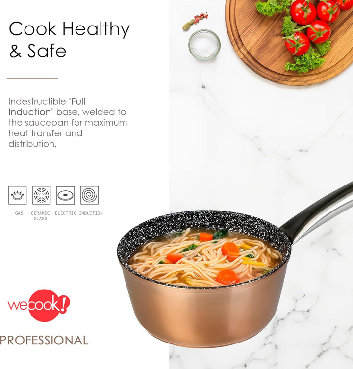 WECOOK! Professional Stielkasserolle Induktion 16 cm, Milchtopf, Ökologischer Antihaft-Stein ohne PF