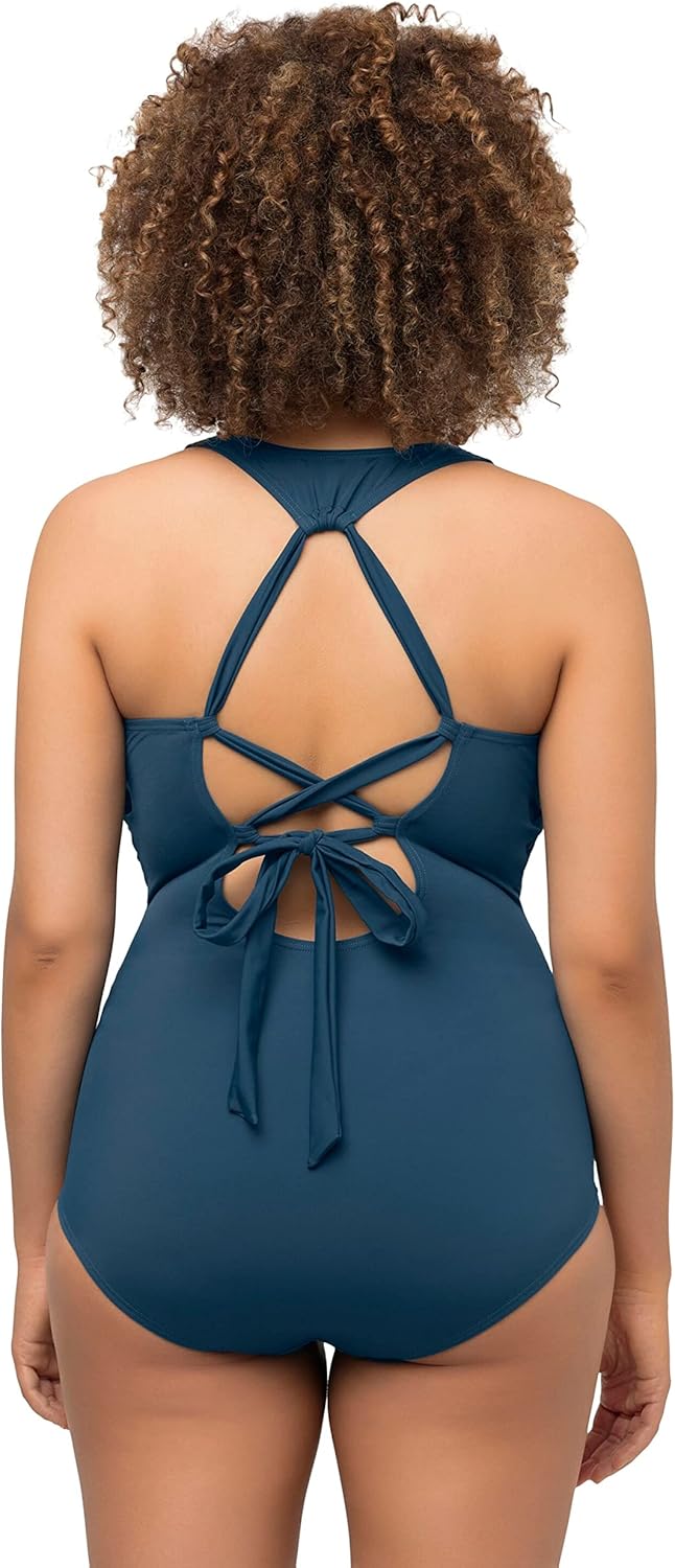 Ulla Popken Damen, Zierknoten, Softcups, Zierbänder Badeanzug, Dunkles Petrol