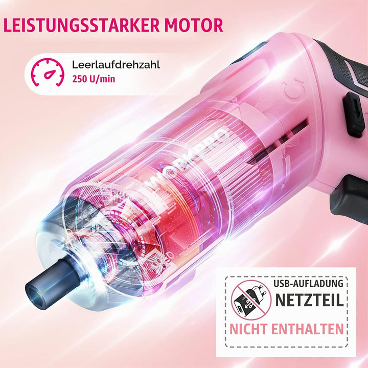 WORKPRO 53-tlg. Werkzeug Set Rosa mit Akkuschrauber klein, pink Werkzeugtasche gefüllt für Haushalt