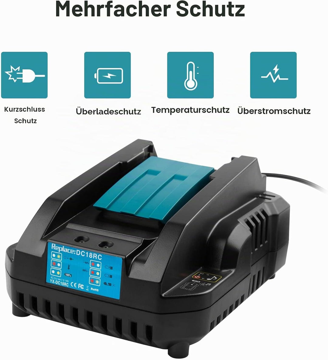 4A DC18RC Schnell Ladegerät Kompatibel mit Makita 14,4V-18V Li-Ion Ersatzakku BL1815 BL1830 BL1840 B