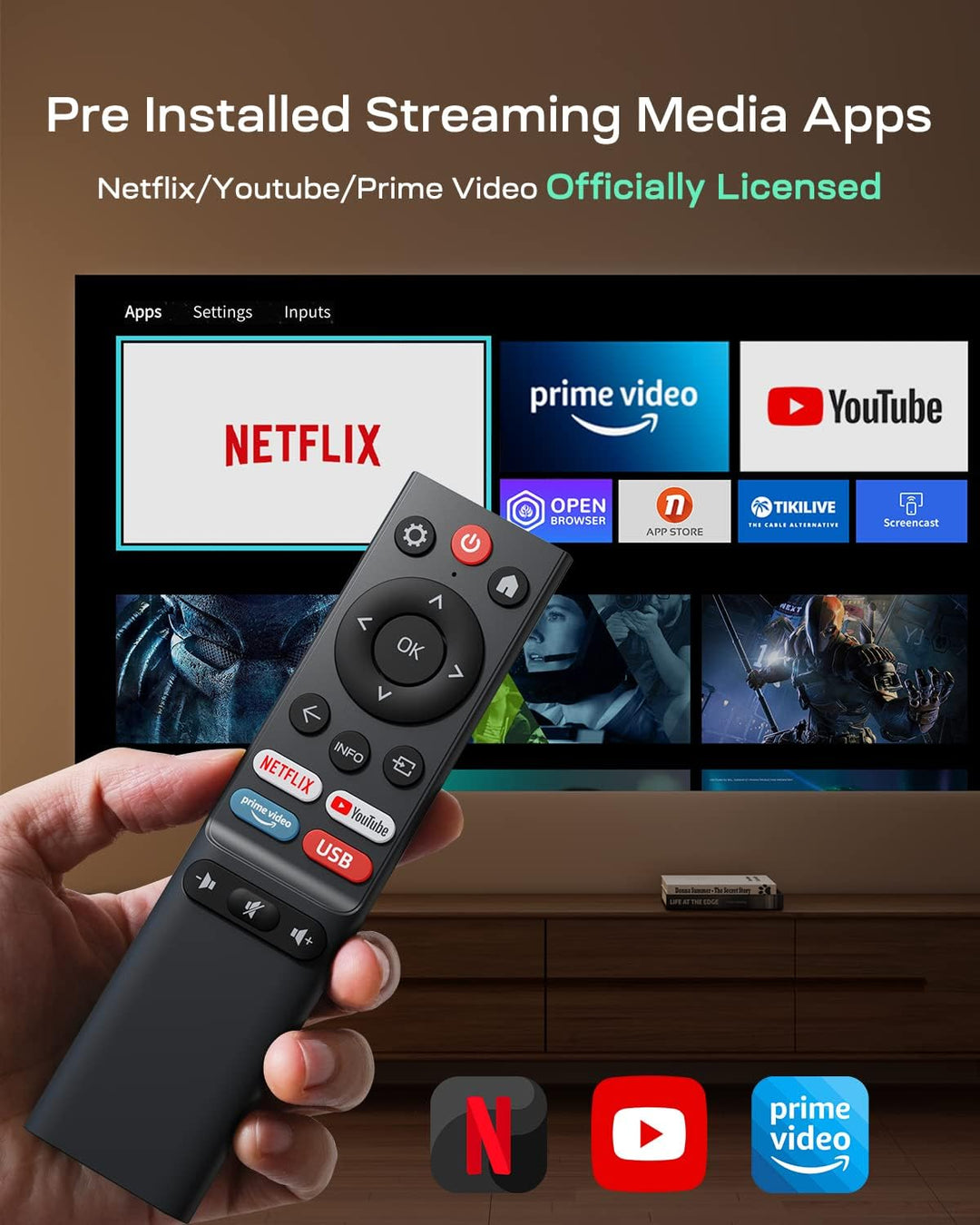 Beamer 4K【Official Netflix &amp; Dolby Audio】 15000 Lumen Zoom/Trapezkorrektur WiFi Bluetooth Beamer Ful